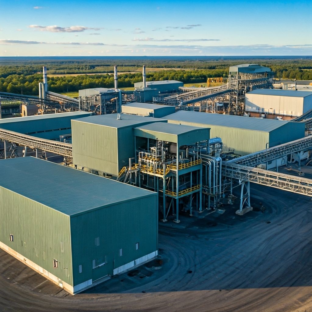 Aerial view of a modern PGM concentrator plant with industrial buildings, conveyor systems, processing equipment, and storage facilities