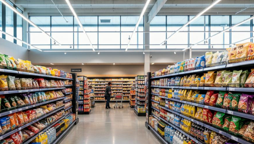 Modern retail store interior with energy-efficient LED lighting, refrigeration units, and smart power management systems